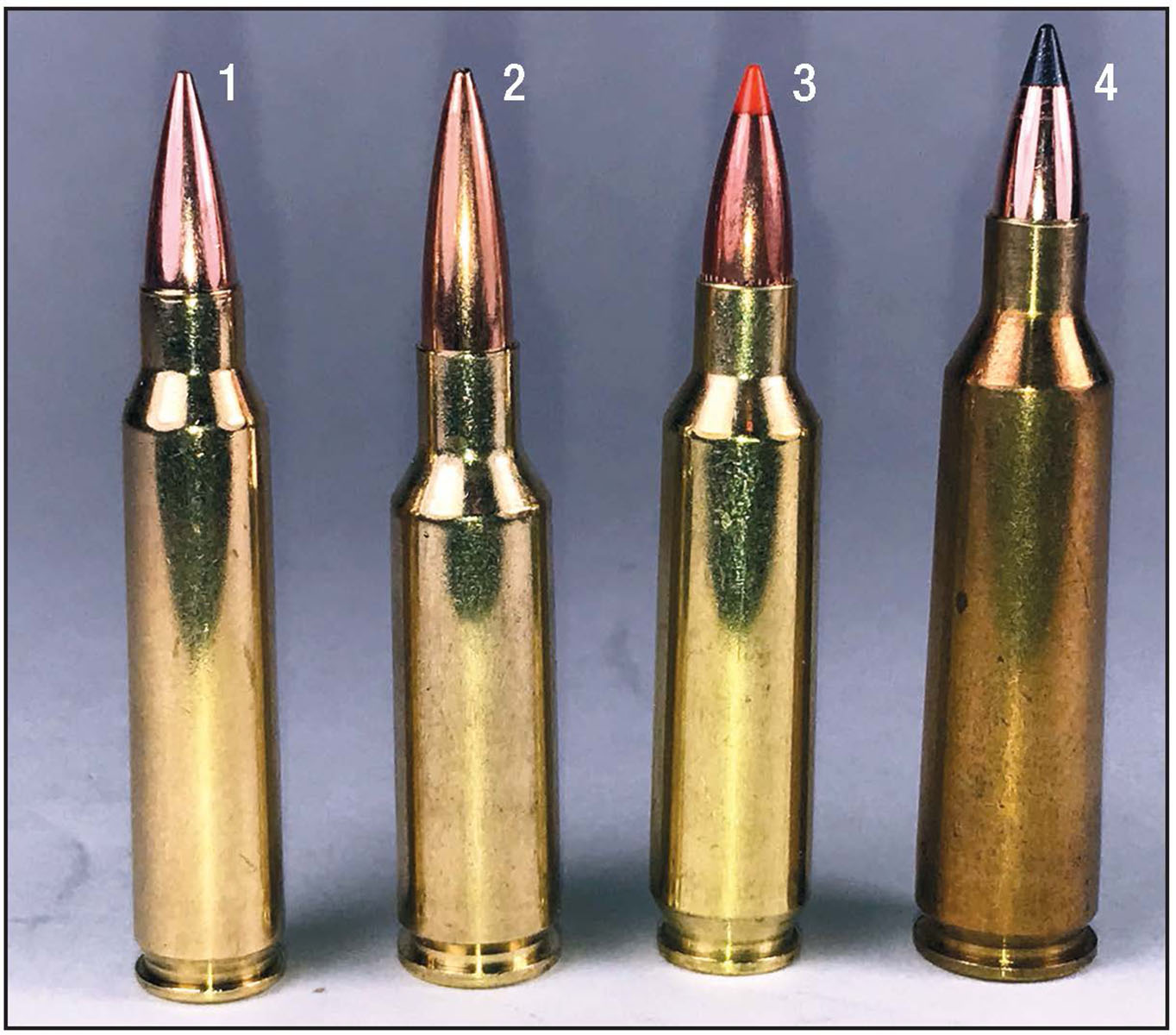 Several .22-caliber cartridges provide plenty of competition for the Valkyrie. This line-up includes the (1) .223 Remington, (2) .224 Valkyrie, (3) .22 Nosler and the (4) .22-250 Remington.